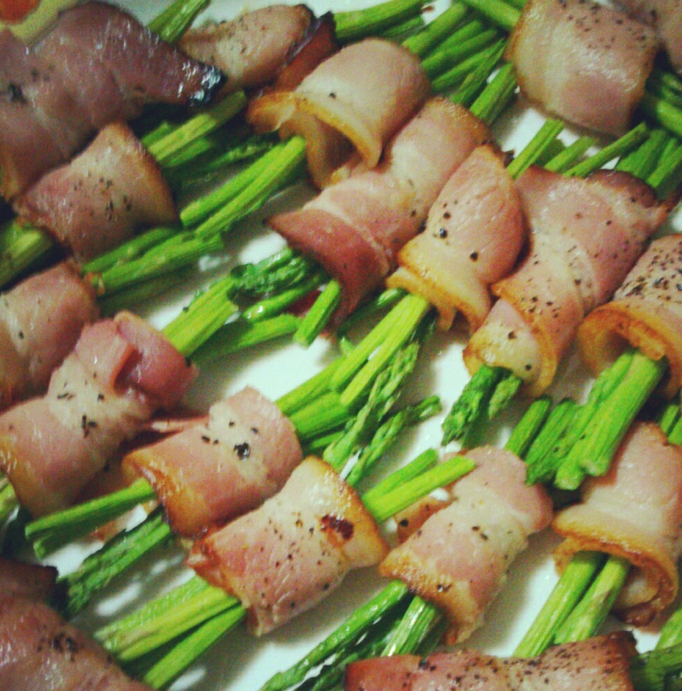 Bacon-wrapped Asparagus Sticks.  So simple to make and yet it's the bestseller!   Just wrap asparagus sticks with bacon, drizzle with olive oil, sprinkle with some pepper and pop into your oven or oven toaster.  Cook in high heat until bacon is cooked.  